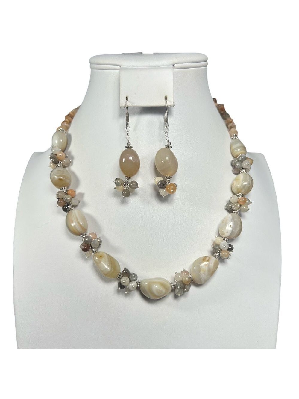 Botswana Agate 925 Silver Chunky Beaded Gemstone Necklace & Earrings